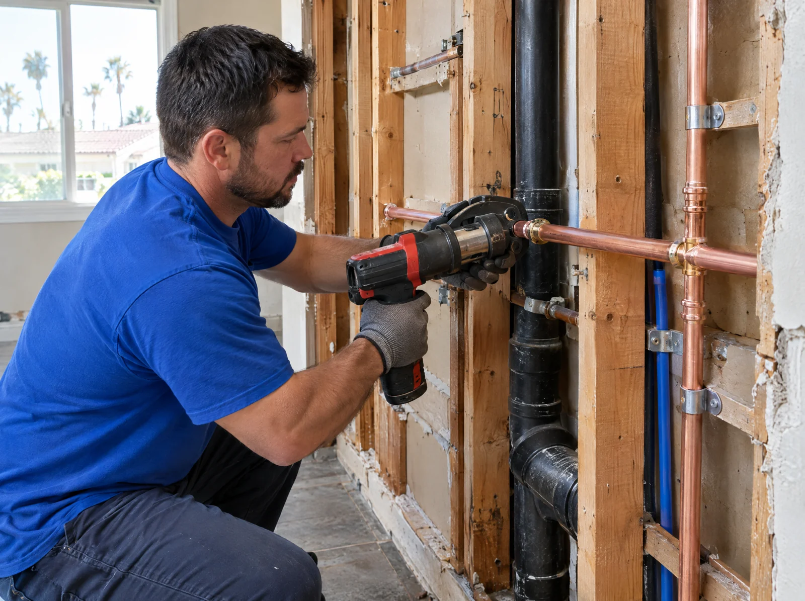 Plumber installing copper water supply piping