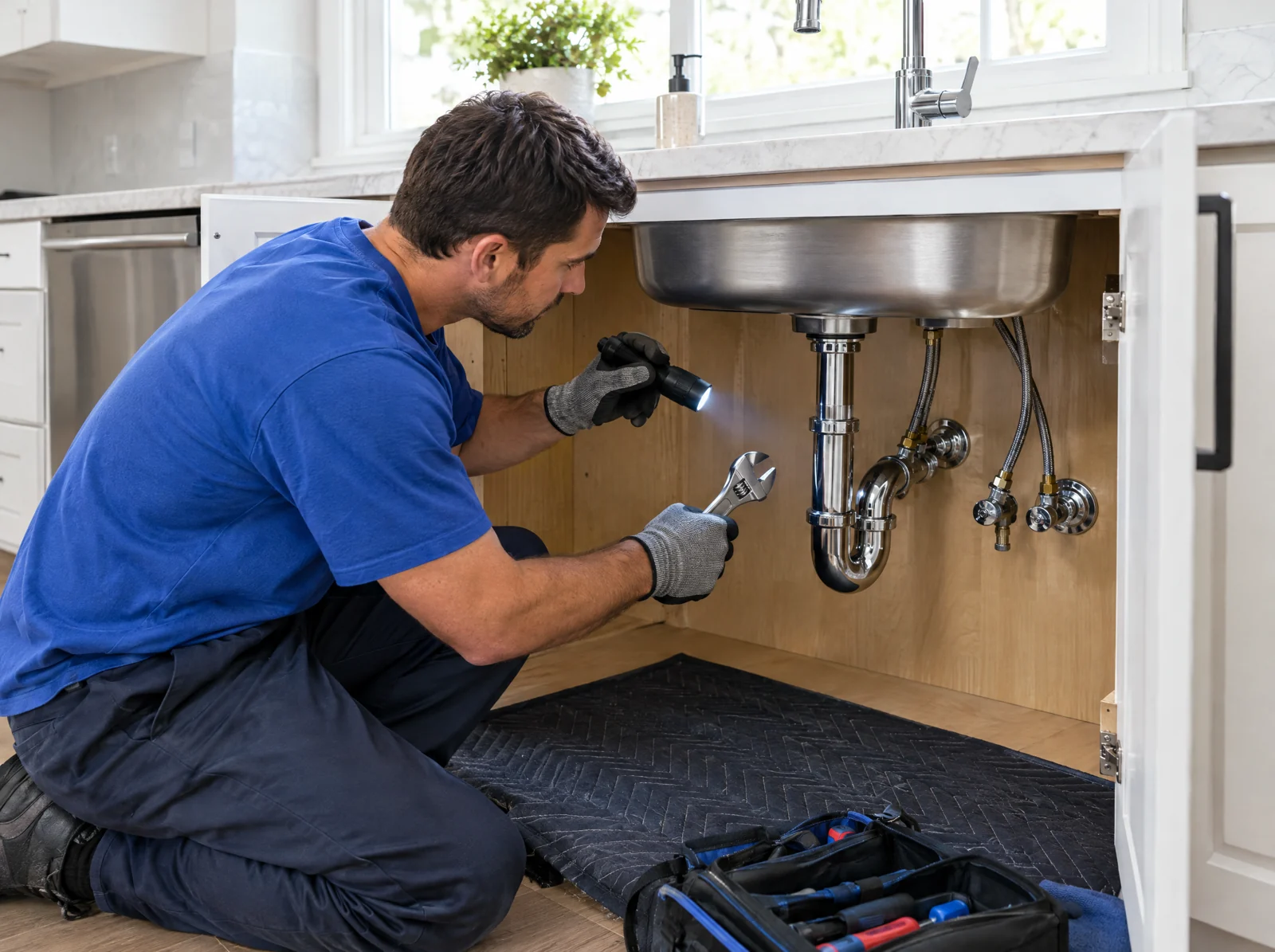 Plumber checking a kitchen sink's drain and supply connections