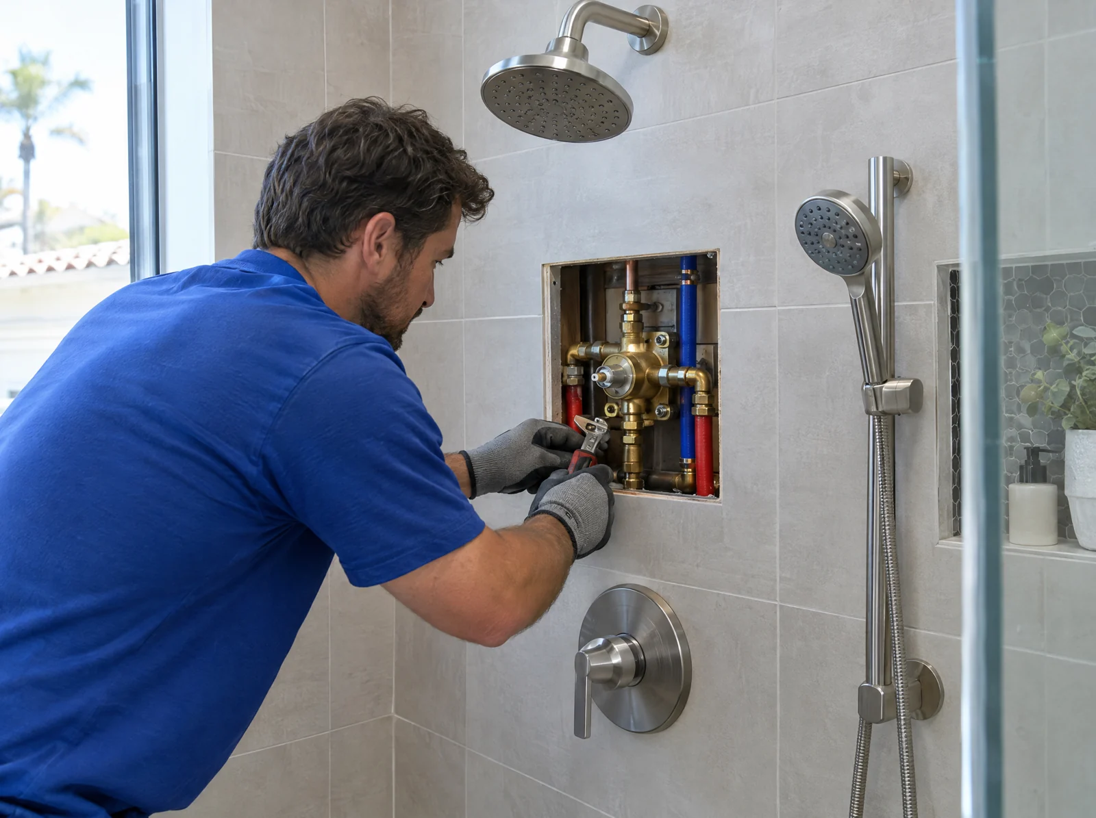 Plumber inspecting a shower mixing valve through an access opening